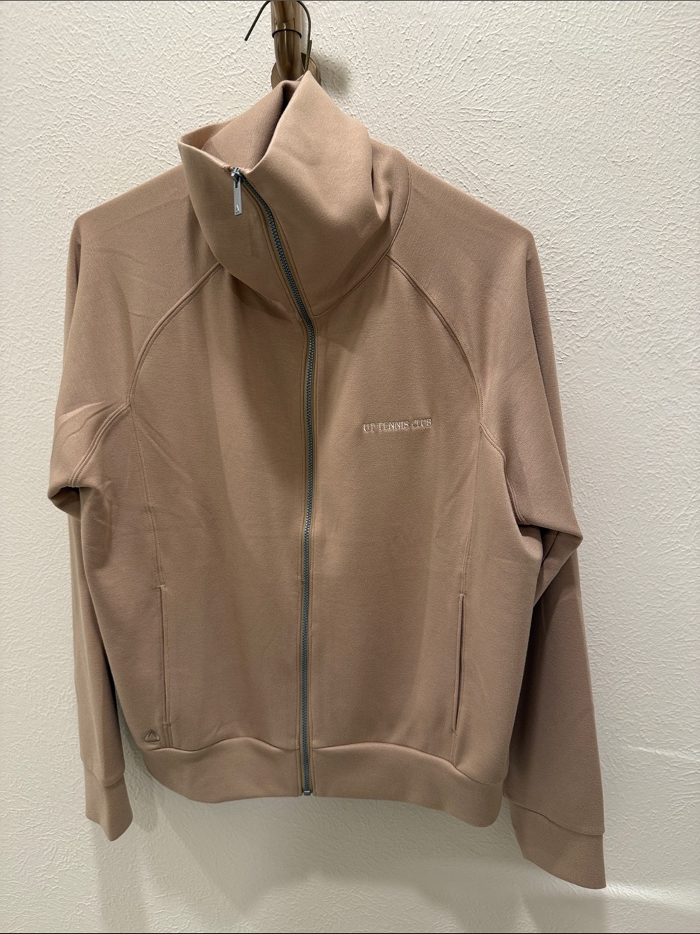 High-Neck Zip Jacket in Taupe by Unknown Brand